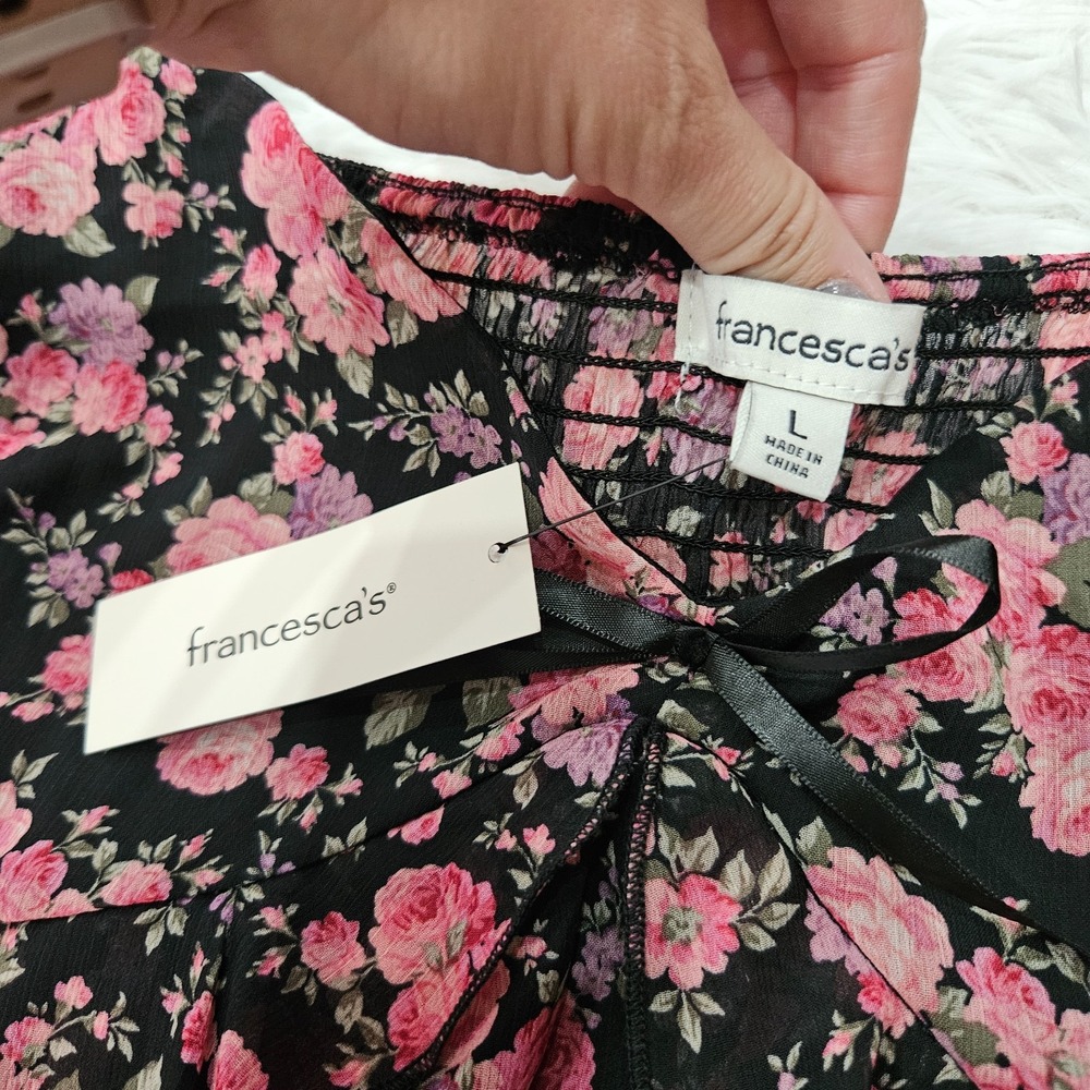 NWT Francesca's Pink Floral Cottagecore Romantic Tiered Chiffon Mini Dress Sz L - Picture 6 of 11